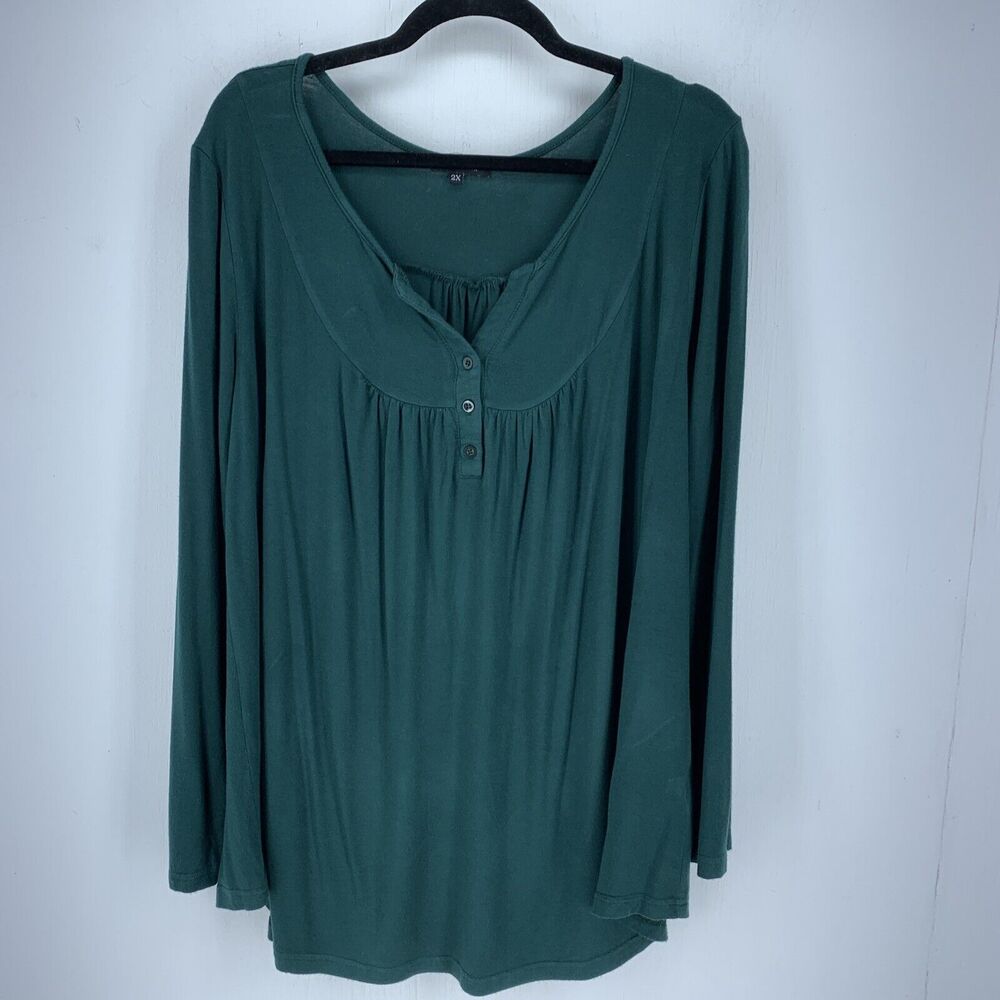 A. Jesdani Womens 2X Tunic Top Long Sleeve Stretch Pleated Green Peasant Boho